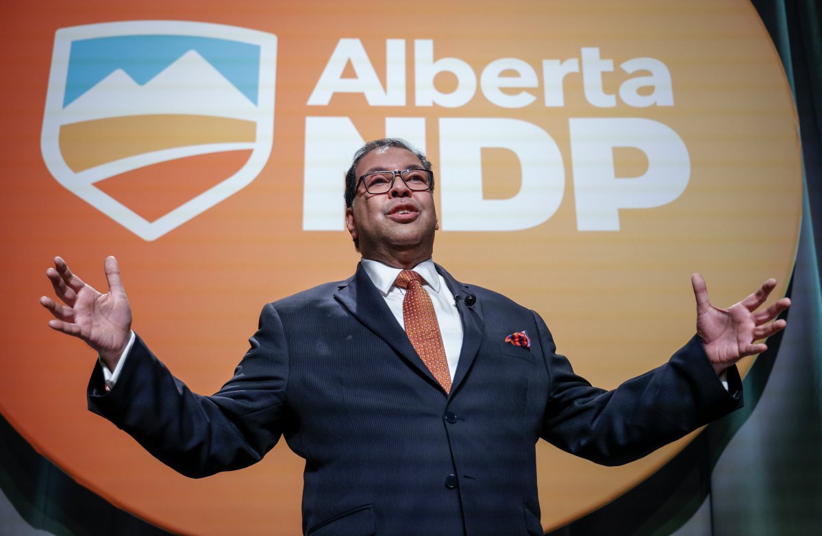 Naheed Nenshi delivers his acceptance speech after being named as the new leader of the Alberta NDP in Calgary, Saturday, June 22, 2024.