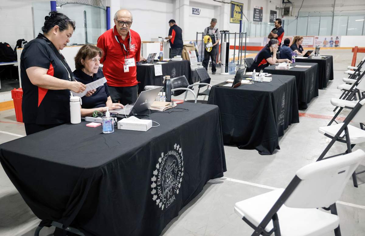 A reception centre is readied for wildfire evacuees forced from Jasper National Park in Calgary, Alta., Tuesday, July 23, 2024.