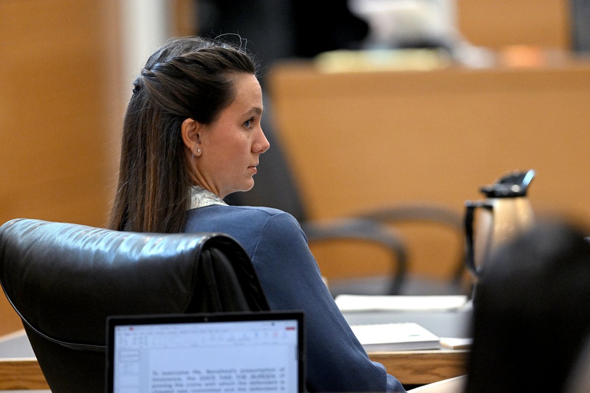 Defendant Ashley Benefield glances back after the jury retired to deliberate during her trial, Monday, July 29, 2024, at the Manatee County Judicial Center in Bradenton, Fla.