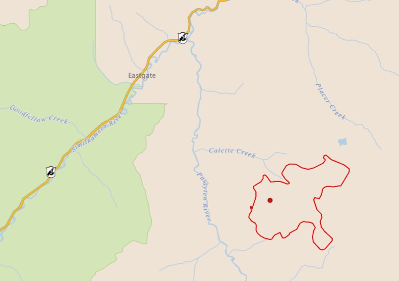 A map showing the Calcite Creek wildfire in B.C.’s Similkameen region.