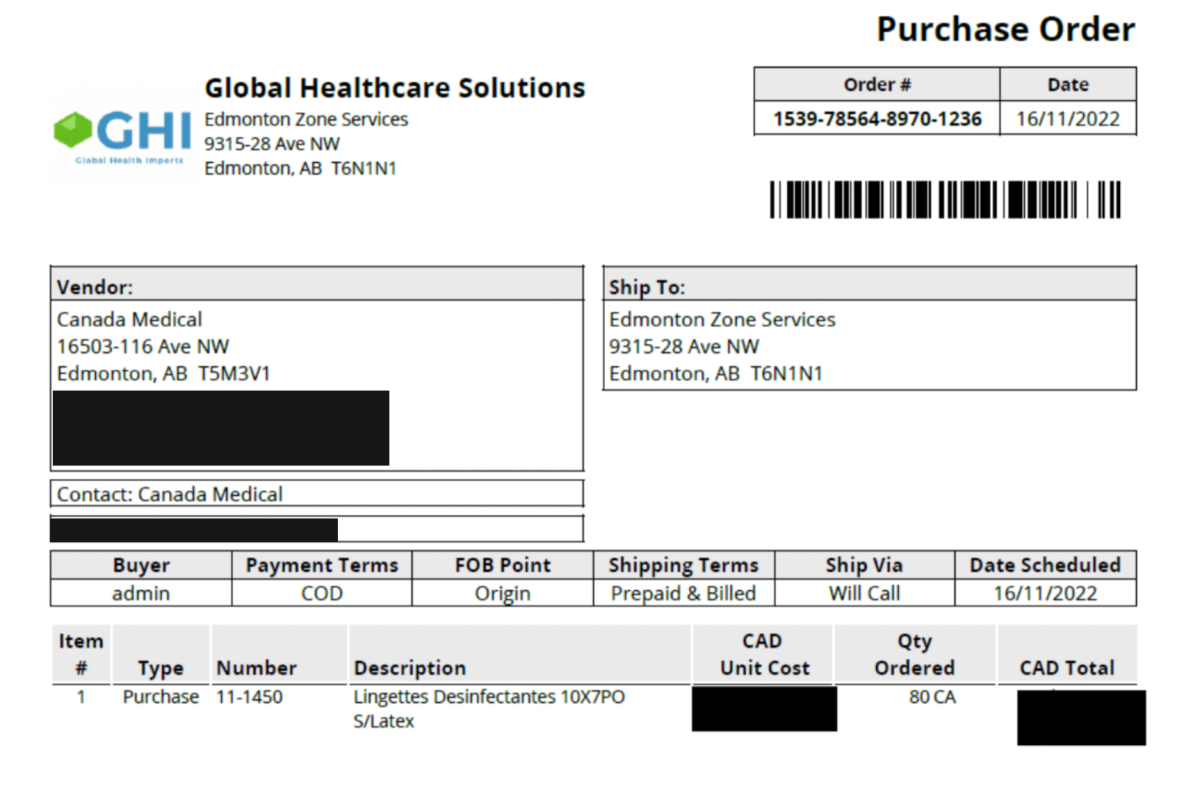 A purchase order for disinfectant wipes dated Nov. 16, 2022.