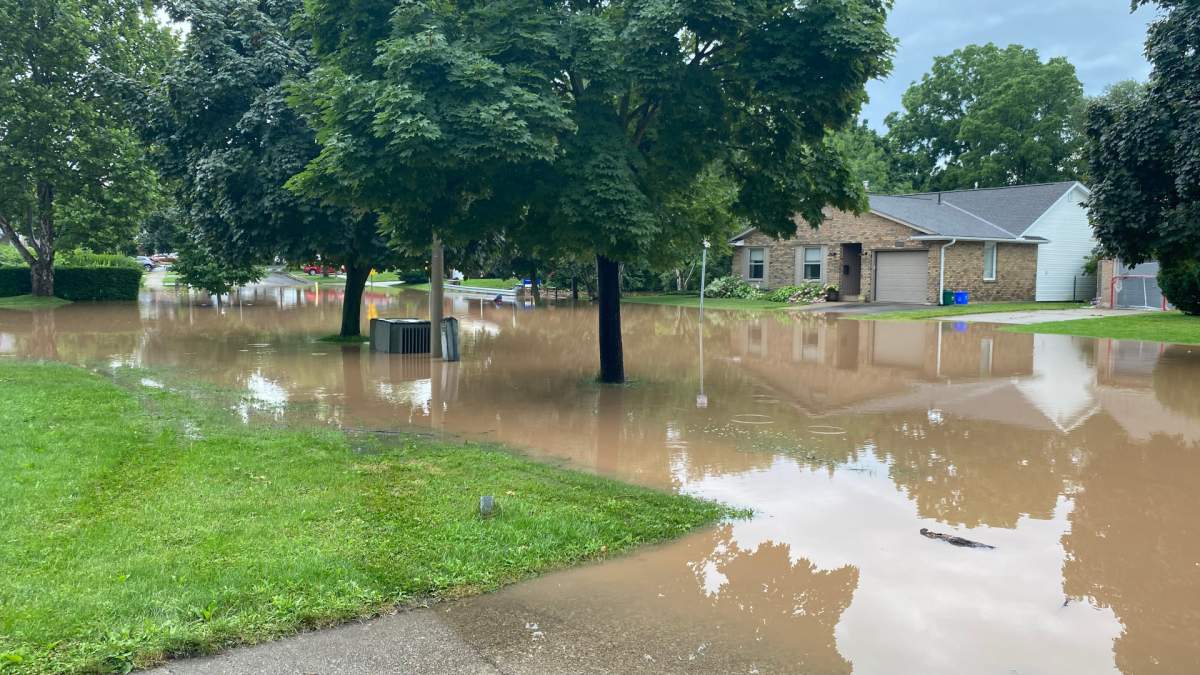 A photo of a flooded neighborhood on Cavendish Drive just off of Highway 407 in Burlington, Ont. July 16, 2024.