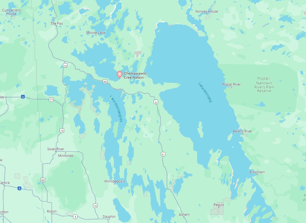 A map showing the location of Chemawawin Cree Nation in Manitoba.
