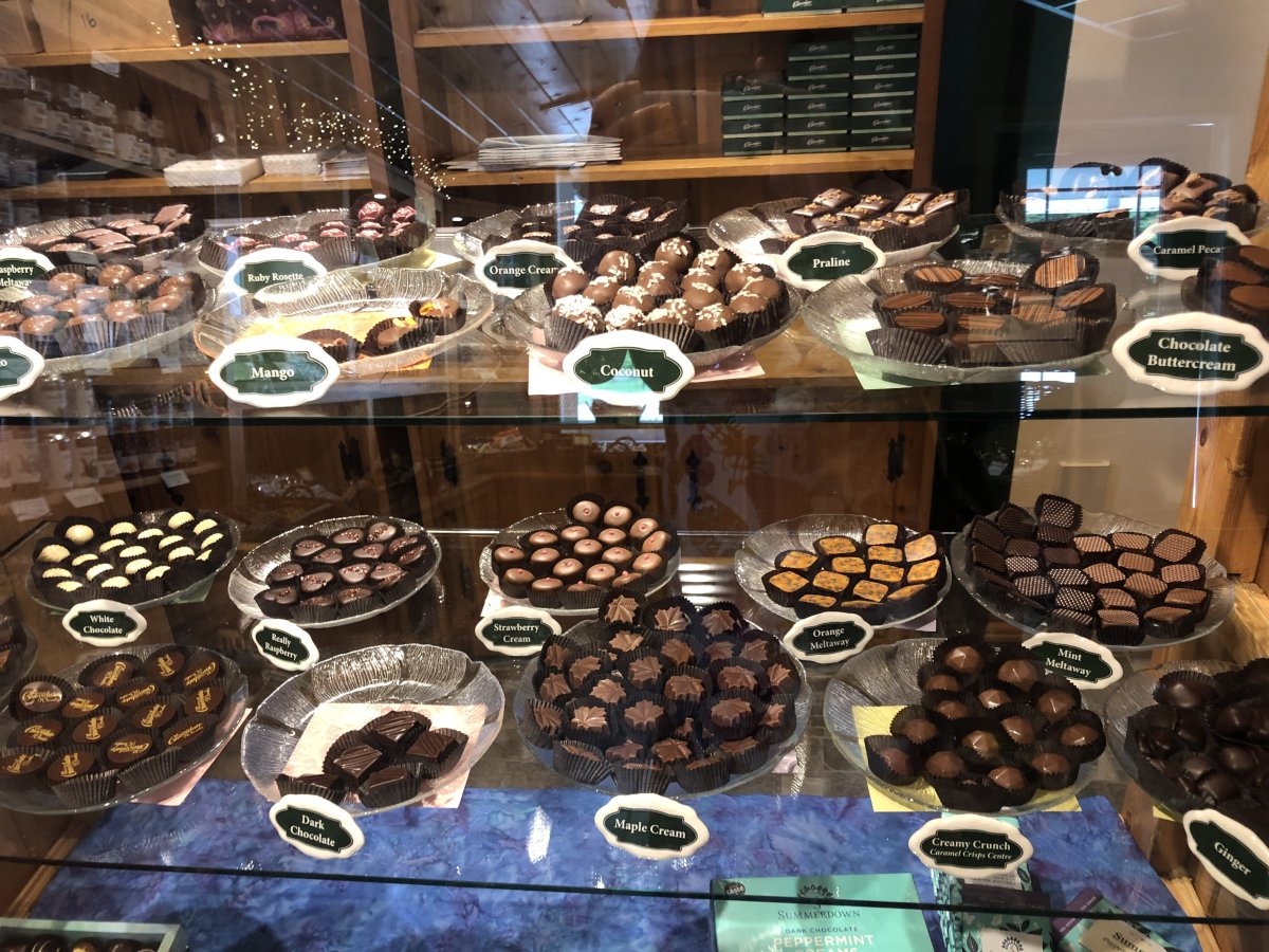 Chocolate display case inside Manitoulin Chocolate Works in Kagawong on July 7, 2024 Sawyer Bogdan:Global News