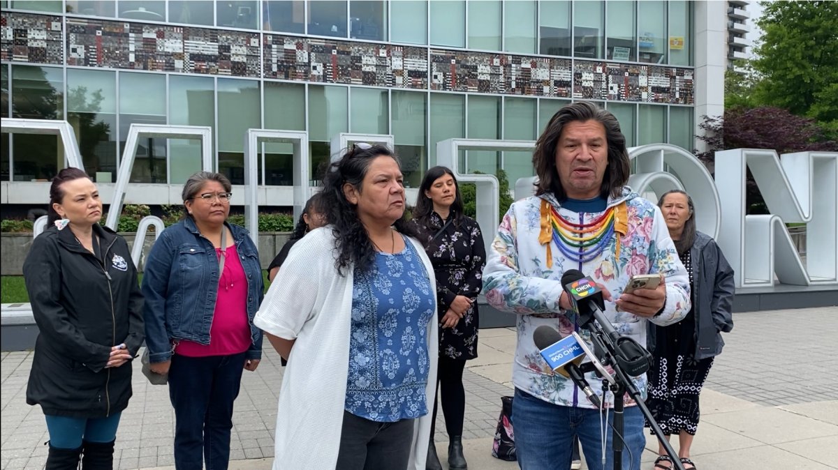 NaWalka Geeshy Meegwun aka Lyndon George speaks at a rally with a group from 'Circle of Beads" on June 10, 2024. The organization was seeking to get city officials to create an Indigenous specific seat at city hall.