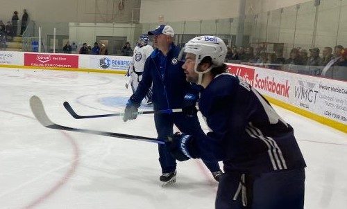 Winnipeg Jets prospect Colby Barlow skates in drills at the team's development camp.