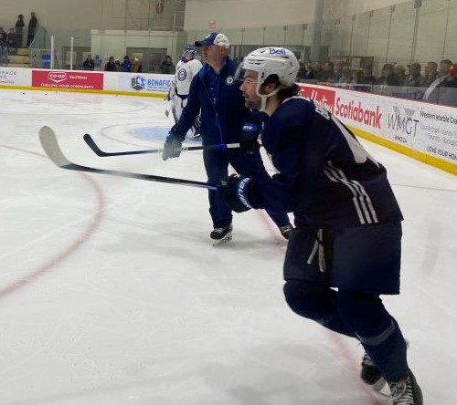 Winnipeg Jets prospect Colby Barlow skates in drills at the team's development camp.