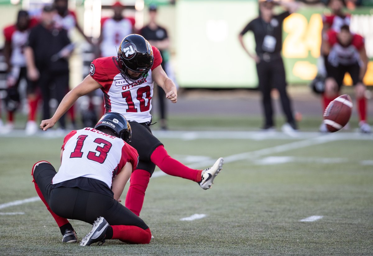 Ottawa Redblacks' Lewis Ward (10) makes the field goal for the win over the Edmonton Elks at the end of second half CFL action in Edmonton, Alta., on Sunday July 14, 2024.