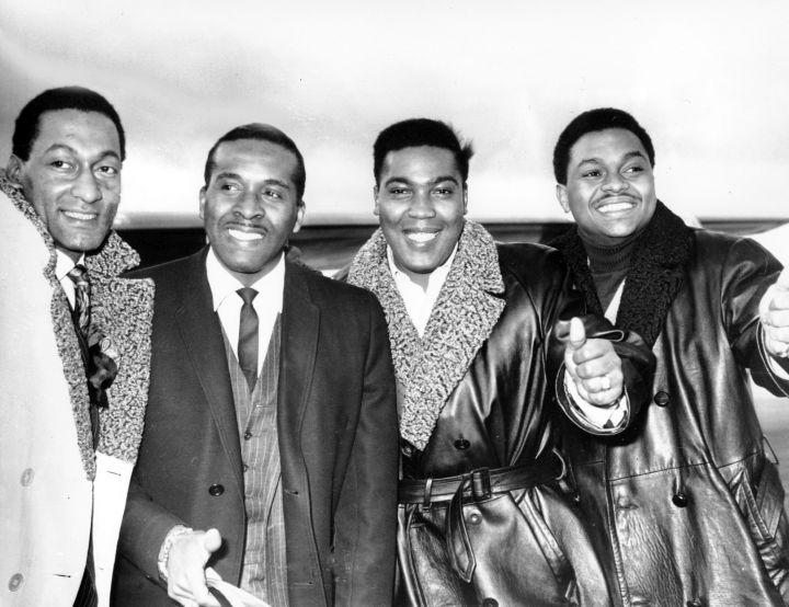 FILE - In this Nov. 16, 1966, file photo, the American pop group, "The Four Tops," Abdul Fakir, Levi Stubbs, Lawrence Payton and Renaldo Benson, pose at Heathrow airport in London en route to the United States.