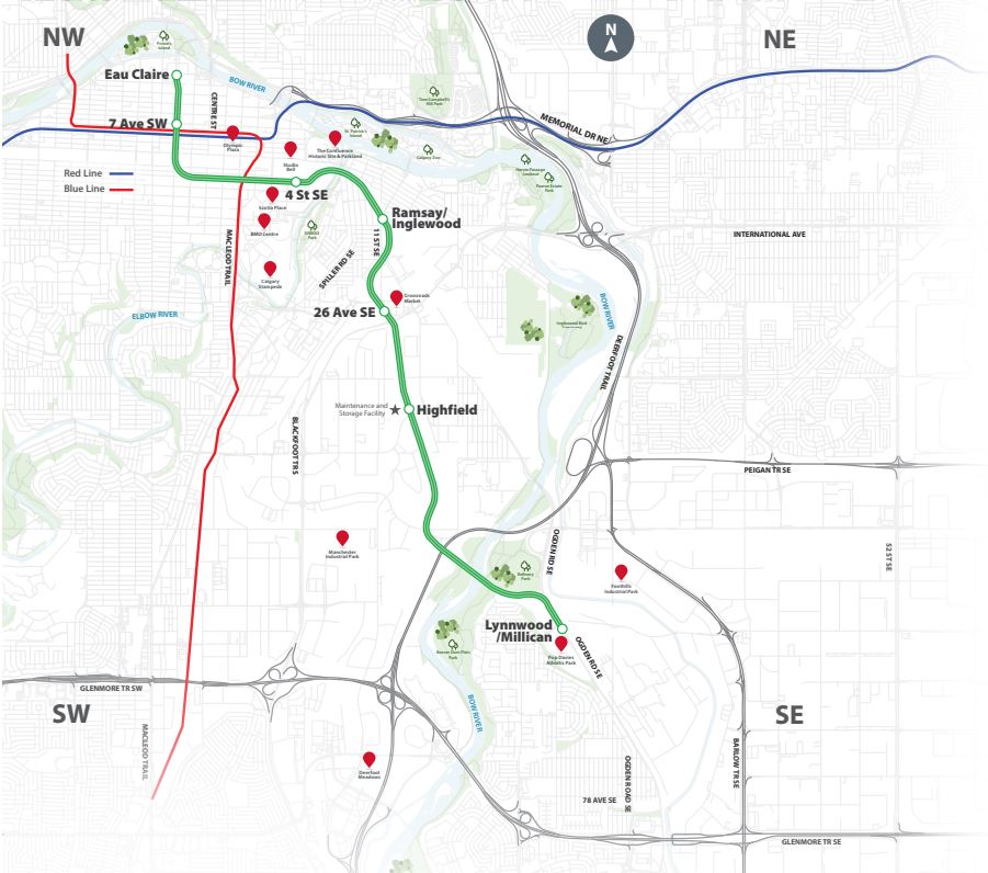 The revised alignment for the first phase of Calgary’s Green Line LRT project.