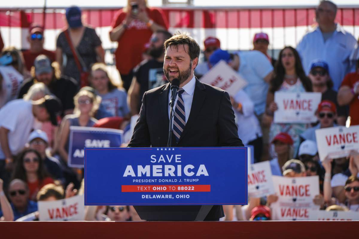 JD Vance, co-founder of Narya Capital Management LLC and U.S. Republican Senate candidate for Ohio, speaks during a 'Save America' rally with former U.S. President Donald Trump in Delaware, Ohio, U.S., on Saturday, April 23, 2022. The May 3 Republican primary for U.S. Senate in Ohio, replacing retiring Republican U.S. Senator Rob Portman, could help determine control of the Senate, currently deadlocked at 50-50 between Democrats and Republicans. Photographer: