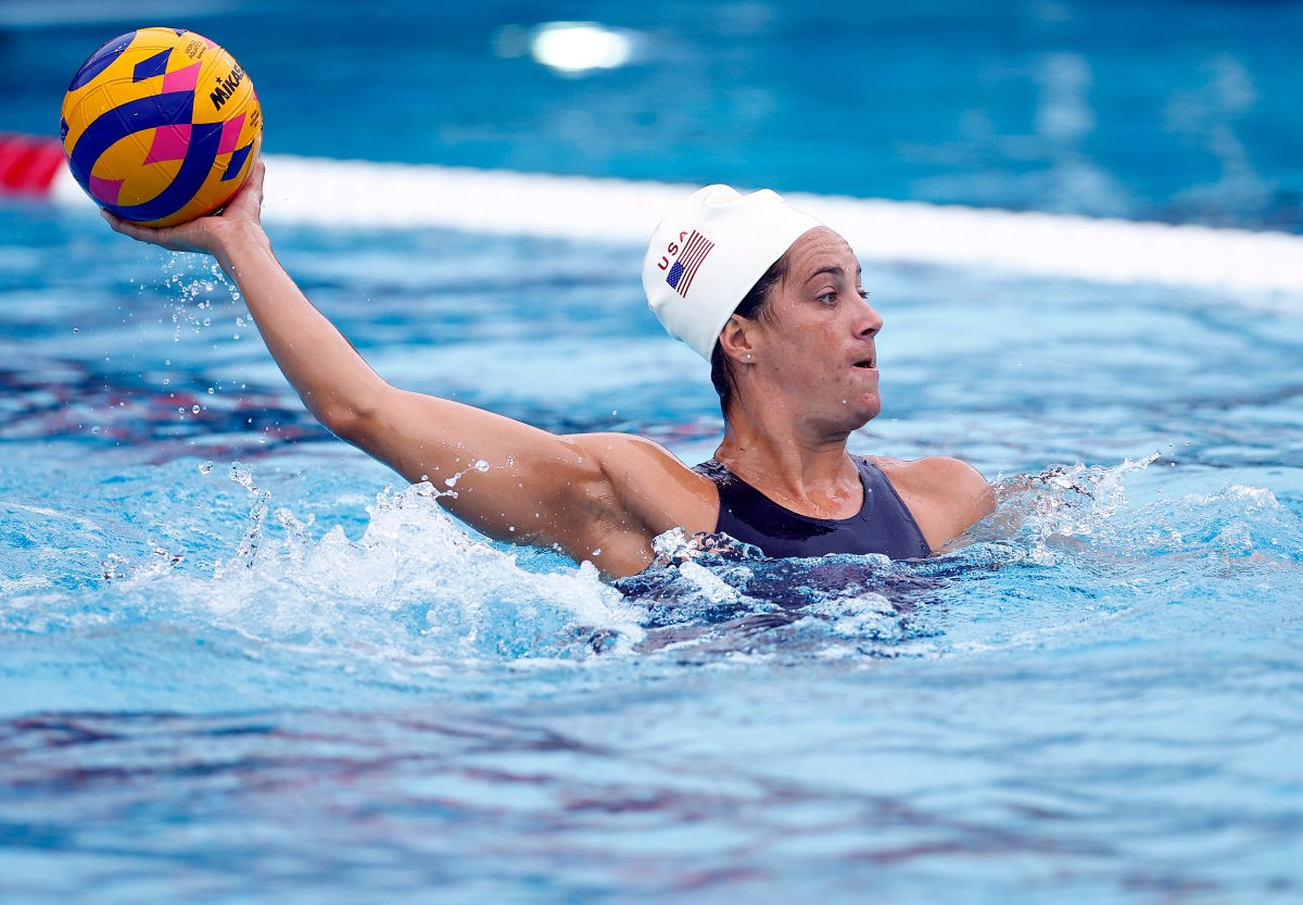 The U.S.'s Maggie Steffens playing water polo at Long Beach City College on April 22, 2024 in Long Beach, California.