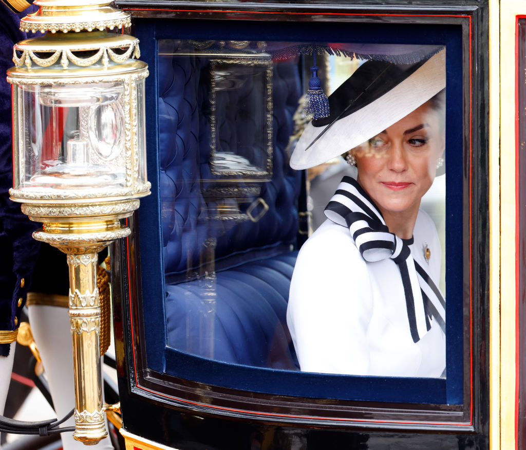 Catherine, Princess of Wales, departs Buckingham Palace in the Glass Coach to attend Trooping the Colour on June 15, 2024 in London, England.