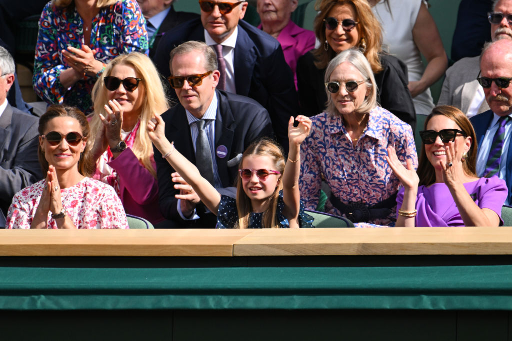 Pippa Middleton, Stefan Edberg, Princess Charlotte of Wales, Marjory Gengler and Catherine Princess of Wales court-side of Centre Court during the men's final on day fourteen of the Wimbledon Tennis Championships at the All England Lawn Tennis and Croquet Club on July 14, 2024 in London, England.