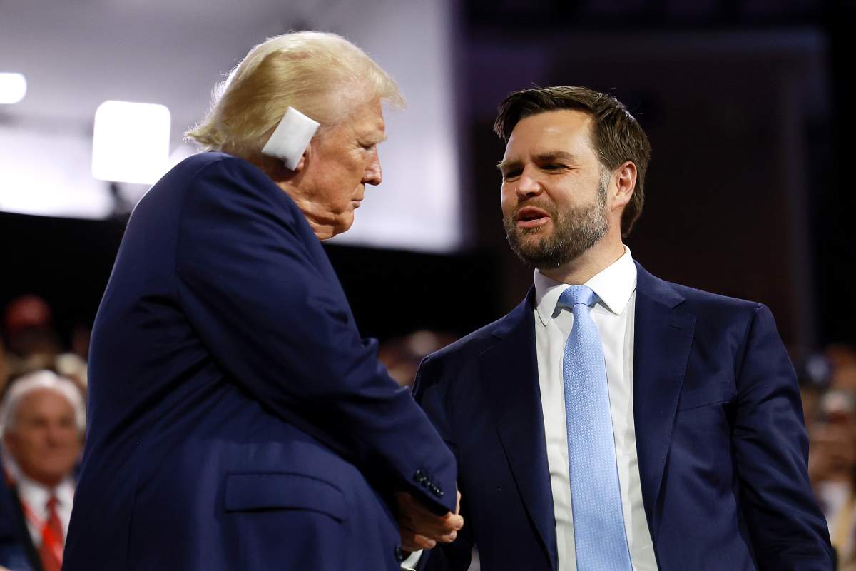 MILWAUKEE, WISCONSIN – JULY 15: Republican presidential candidate, former U.S. President Donald Trump (L) and Republican vice presidential candidate, U.S. Sen. J.D. Vance (R-OH) appear on the first day of the Republican National Convention at the Fiserv Forum on July 15, 2024 in Milwaukee, Wisconsin.