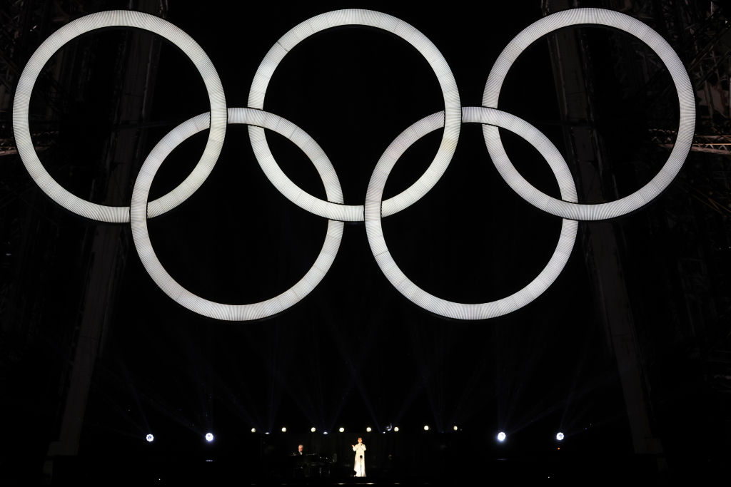 Canadian Singer Celine Dion performs on the Eiffel Tower as the conclusion of the opening ceremony of the Olympic Games Paris 2024 on July 26, 2024 in Paris, France.