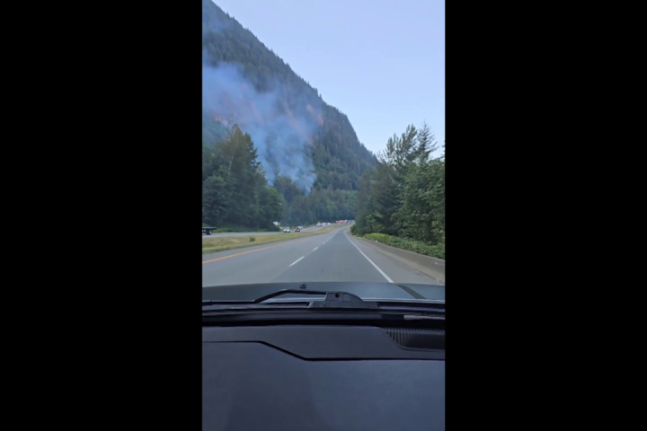Wildfire burning alongside Highway 1 causing traffic delays near Chilliwack