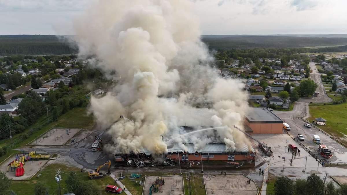 Smoke billows from Westwood Elementary School in Thompson Manitoba.