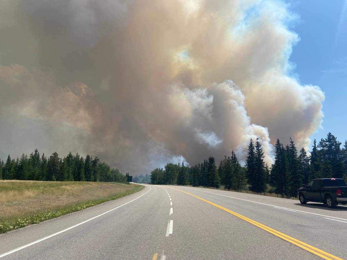Smoke from a wildfire in Jasper National Park, Alberta on the afternoon of Tuesday, July 23, 2024.