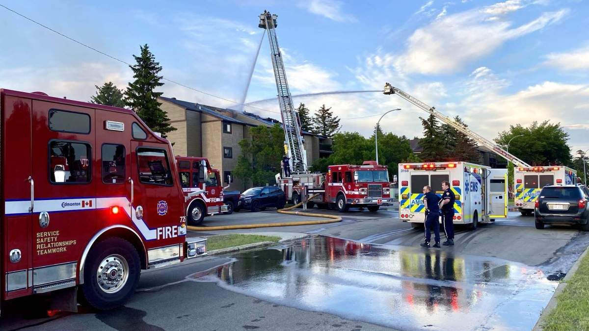 Alberta Health Services spokesperson Christine Harris said one adult and one senior were taken to hospital in critical condition after a fire at an apartment building on Hermitage Road on Saturday, July 13, 2024.
