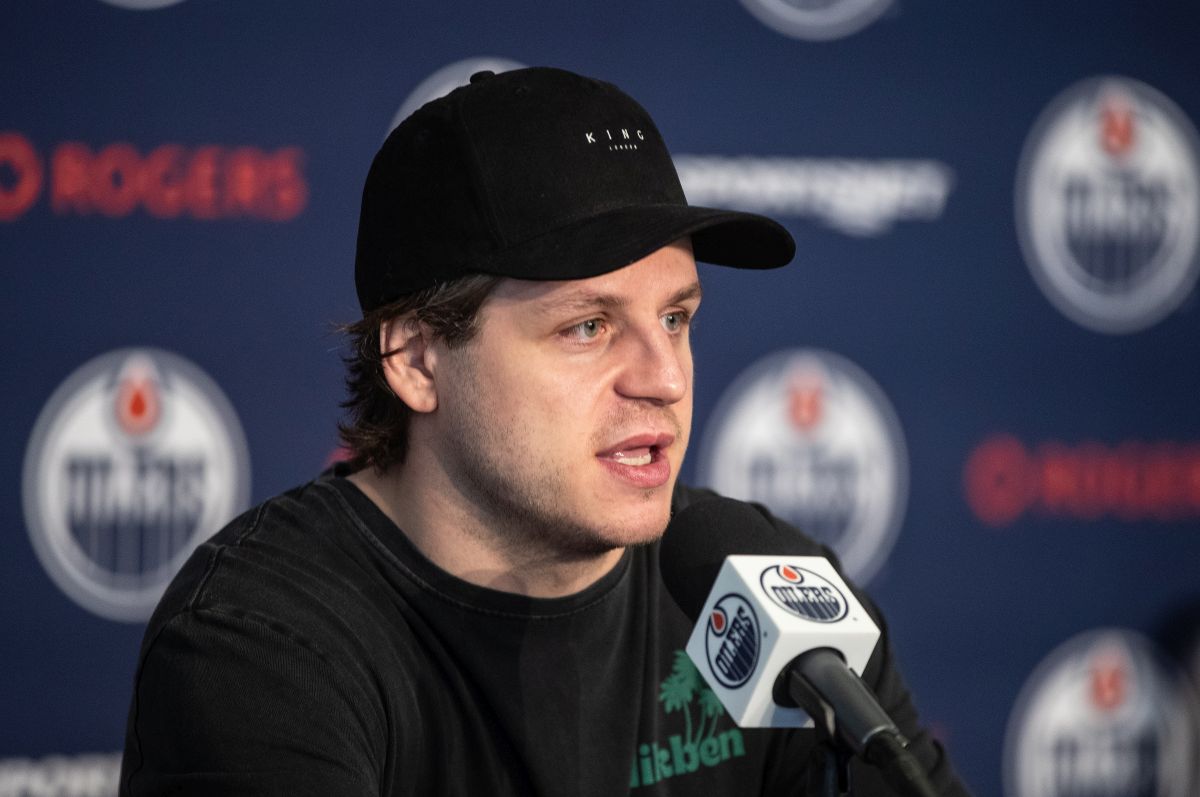 Edmonton Oilers' Mattias Janmark speaks during a press conference after getting back from losing to the Florida Panthers in Game 7 of the NHL Stanley Cup final, in Edmonton on Wednesday June 26, 2024.
