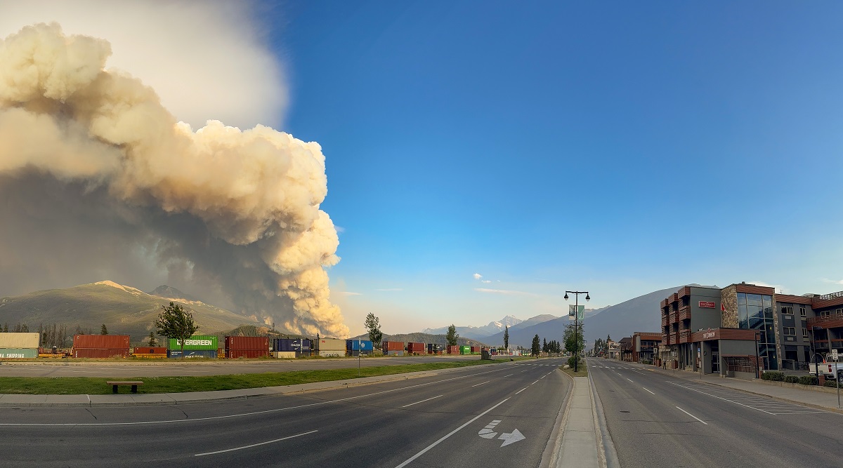 Billowing wildfire smoke, as seen from the main street of the townside in Jasper National Park on Wednesday, July 24, 2024.