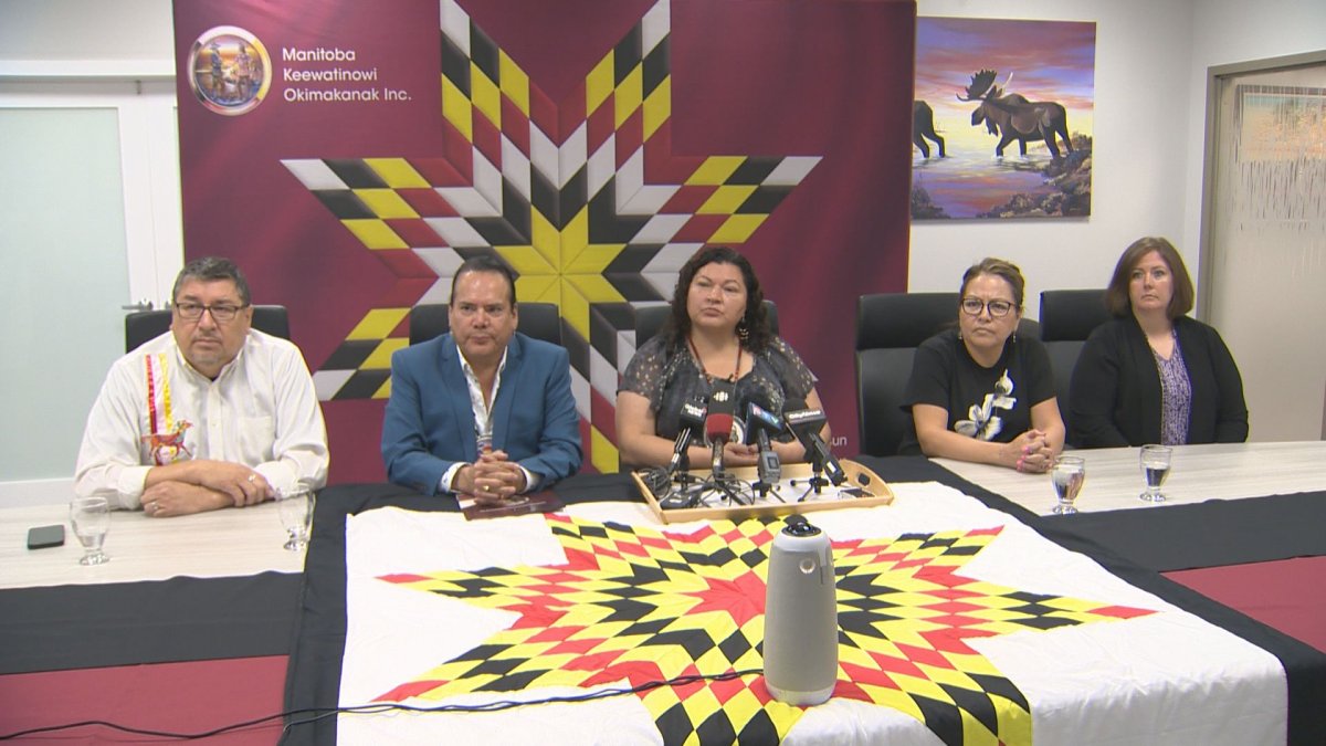 First Nations leaders and health care official speak to media at a press conference Monday. From left: Pimicikamak Cree Nation
Chief David Monias, MKO Grand Chief Garrison Settee, Nisichawayasihk Cree Nation (NCN) Chief Angela Levasseur, Lynda Wright (NCN Director of Health), and Jessie Horodecki (Exec. Director Nisichawayasihk Cree Nation Personal Care Home).