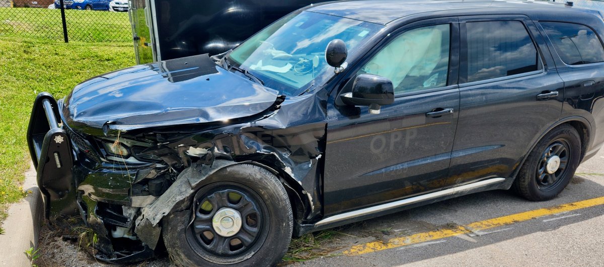 OPP say four people suffered minor injuries after a motorcycle and an OPP cruiser collided on Highway 35 in the City of Kawartha Lakes on July 3, 2024.