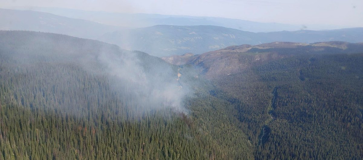 An aerial view of the Mara Mountain wildfire near Sicamous, B.C.