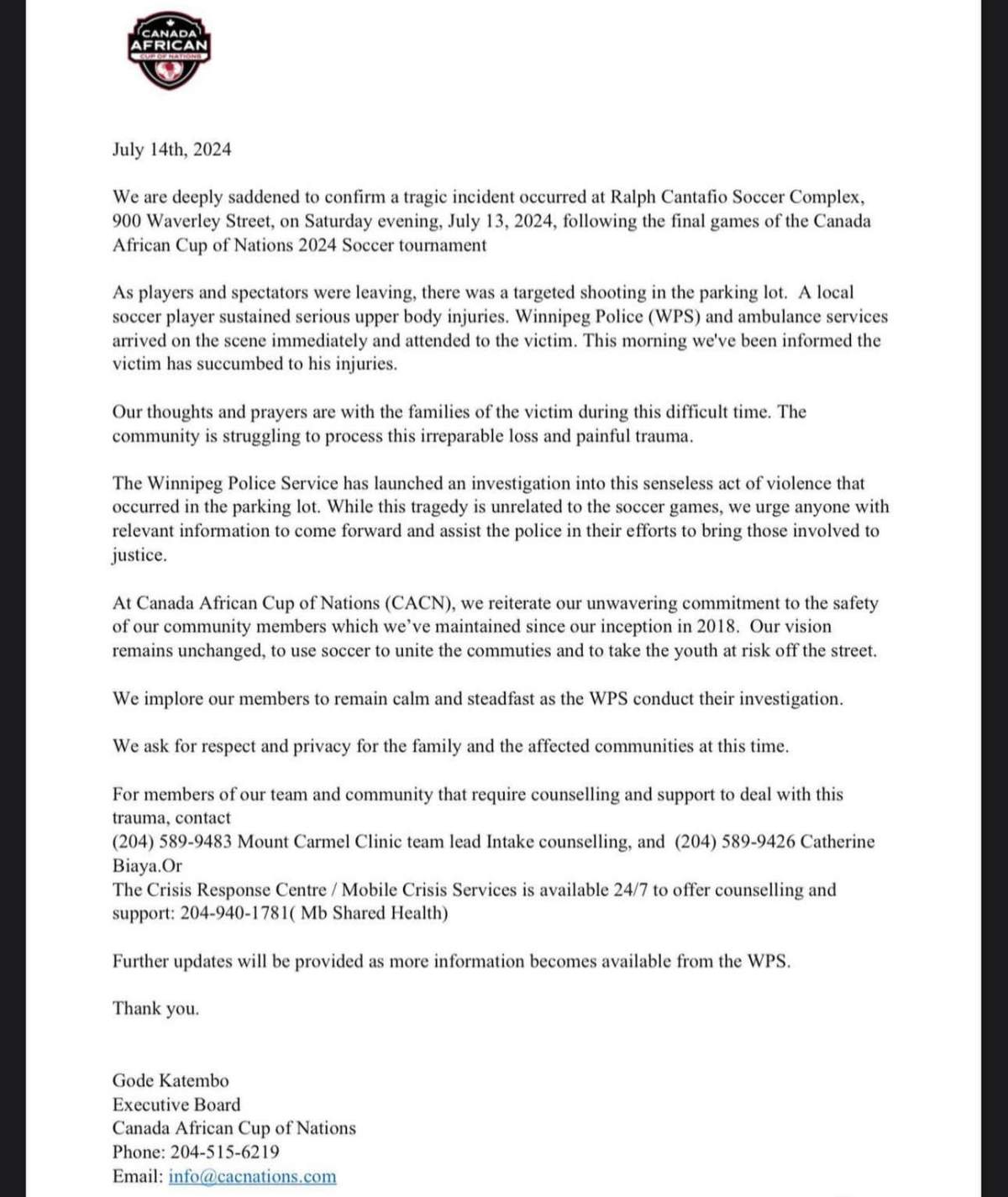 Photo of statement provided by the Canada African Cup of Nations regarding shooting on Saturday.