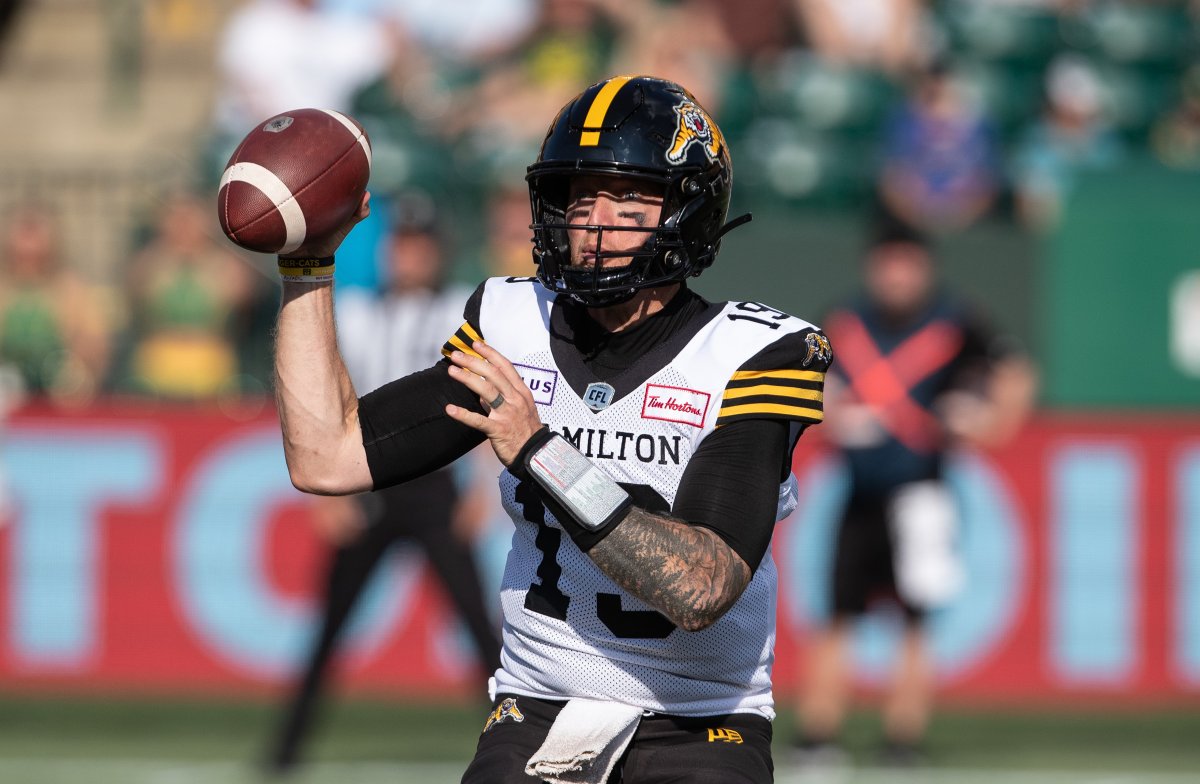 Hamilton Tiger-Cats quarterback Bo Levi Mitchell (19) threw a career-high five TDs against the Edmonton Elks in CFL action in Edmonton on Sunday.