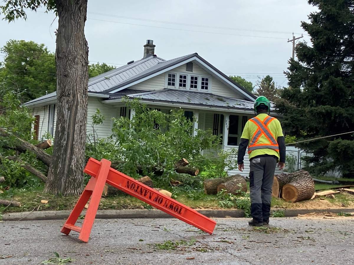 Cleanup efforts were underway in the Nanton area on July 1, 2024. The night before, Nanton and other parts of southern Alberta were hit by a powerful summer storm.
