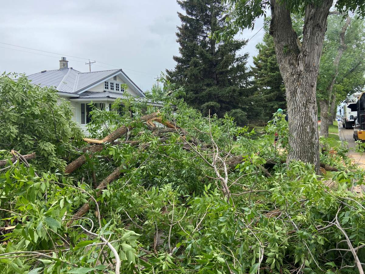 Cleanup efforts were underway in the Nanton area on July 1, 2024. The night before, Nanton and other parts of southern Alberta were hit by a powerful summer storm.