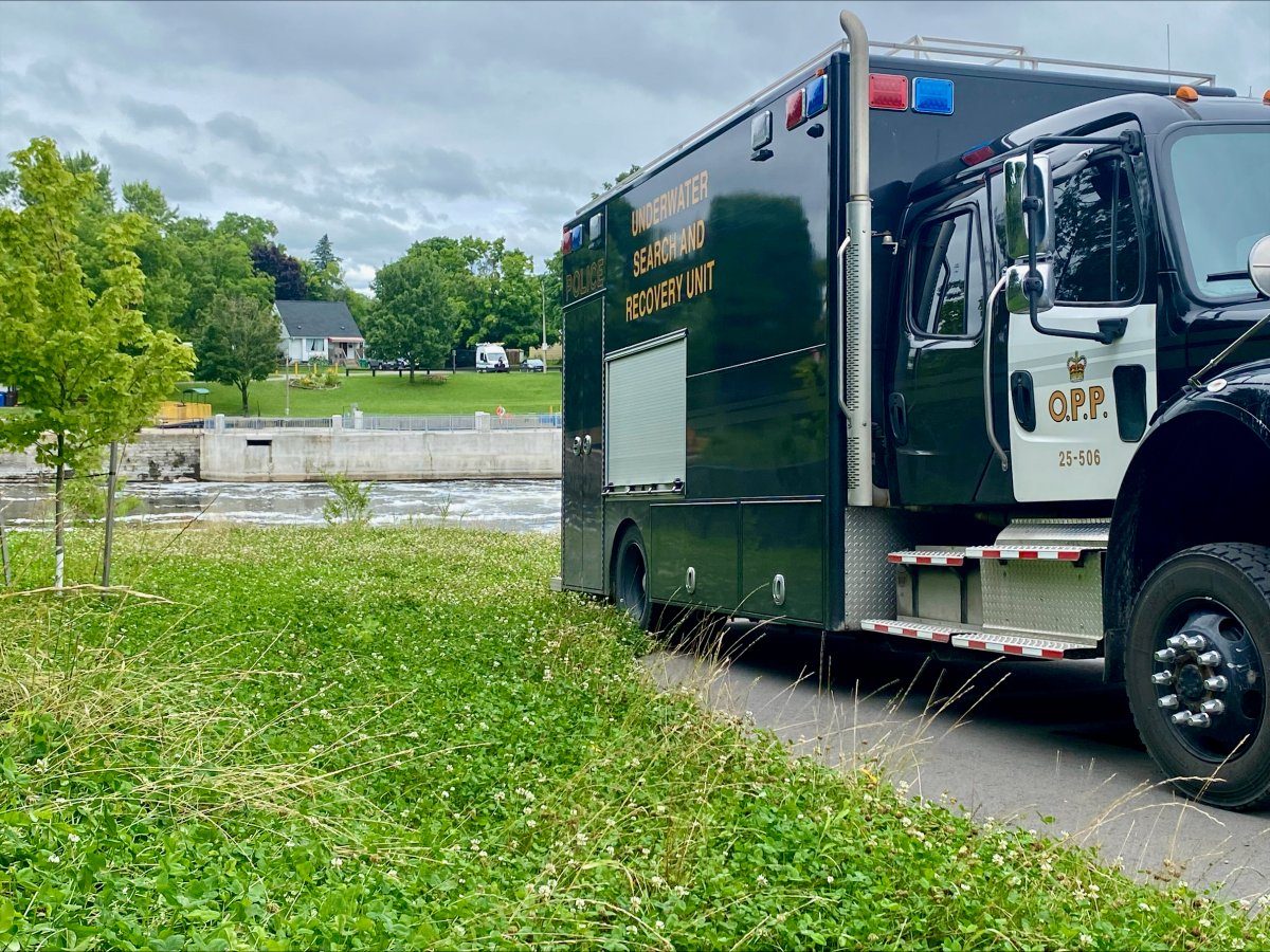 Peterborough police and the OPP's underwater search and recovery unit are at Lock 19 of the Trent-Severn Water on July 11, 2024. Police have not stated the reason for their investigation.