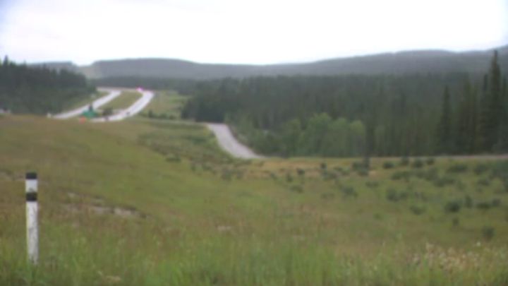 Rain falls down near Hinton, Alta., on July 25, 2024 as wildfire smoke also lingered in the air.