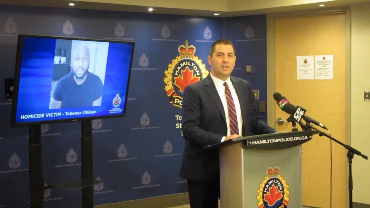 Hamilton police homicide investigator Det. Sgt. Daryl Reid updating a fatal shooting investigation tied to a large party at a Flamborough, Ont. home on Highway 6.