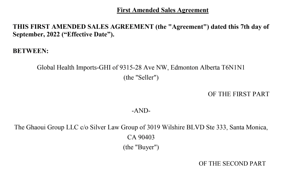 The sales agreement between The Ghaoui Group and Global Health Imports signed by Anderson on Sept. 7, 2022.