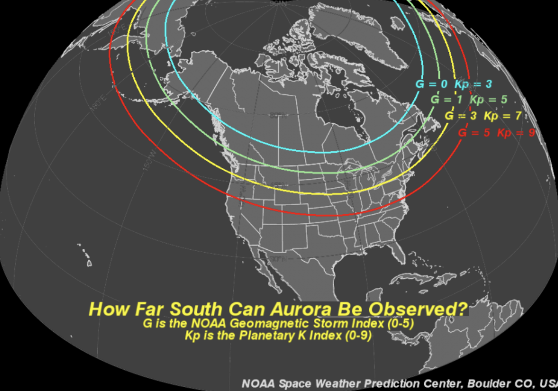 A map of North America showing how far south the northern lights can be observed given the severity of the solar storm.