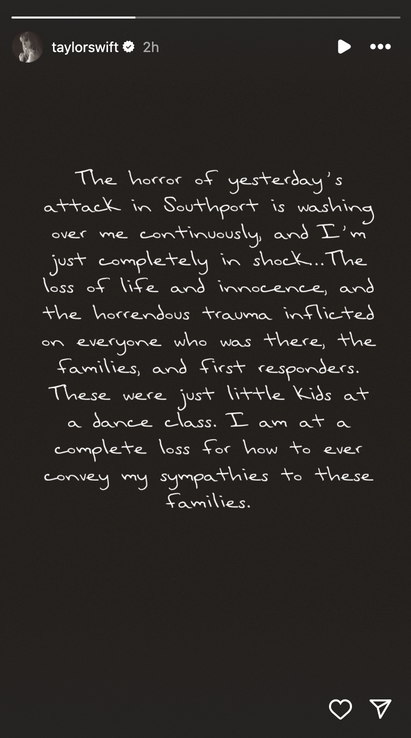 Screengrab of an Instagram story posted by Taylor Swift, expressing her sympathies for the victims of the Southport stabbing attack on July 29, 2024 that claimed the lives of three children.