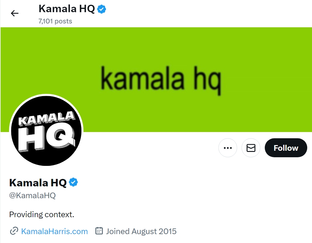 A screenshot of the Kamala HQ X profile. The header image reads, "kamala hq," stylized akin to Charli XCX's 'Brat' album. The profile bio reads, "Providing context."