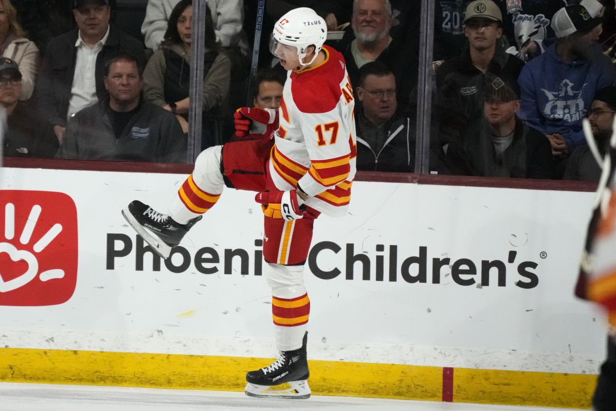 Calgary Flames centre Yegor Sharangovich celebrates after his goal against the Arizona Coyotes during the first period of an NHL hockey game Thursday, Jan. 11, 2024, in Tempe, Ariz.