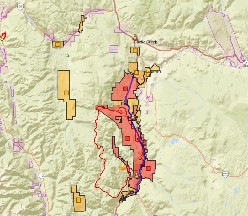 A map showing evacuation orders and alerts for the Shetland Creek wildfire.