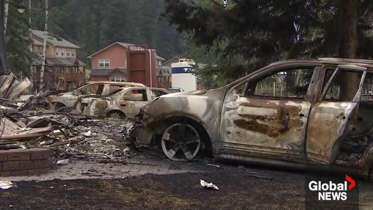 Burnt cars in Jasper, Alta on Friday, July 26, 2024.