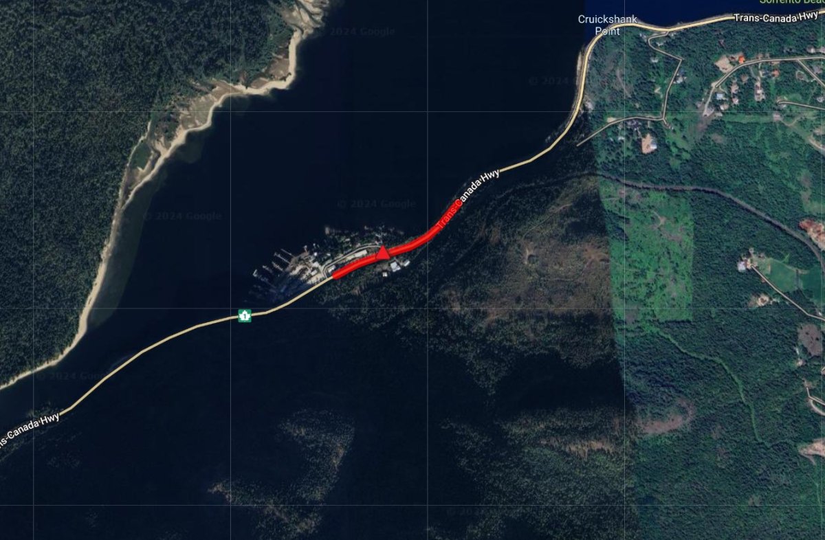 A map showing the closure of the Trans-Canada Highway in B.C.'s Shuswap region, between the communities of Chase and Sorrento, on Saturday, July 20, 2024.