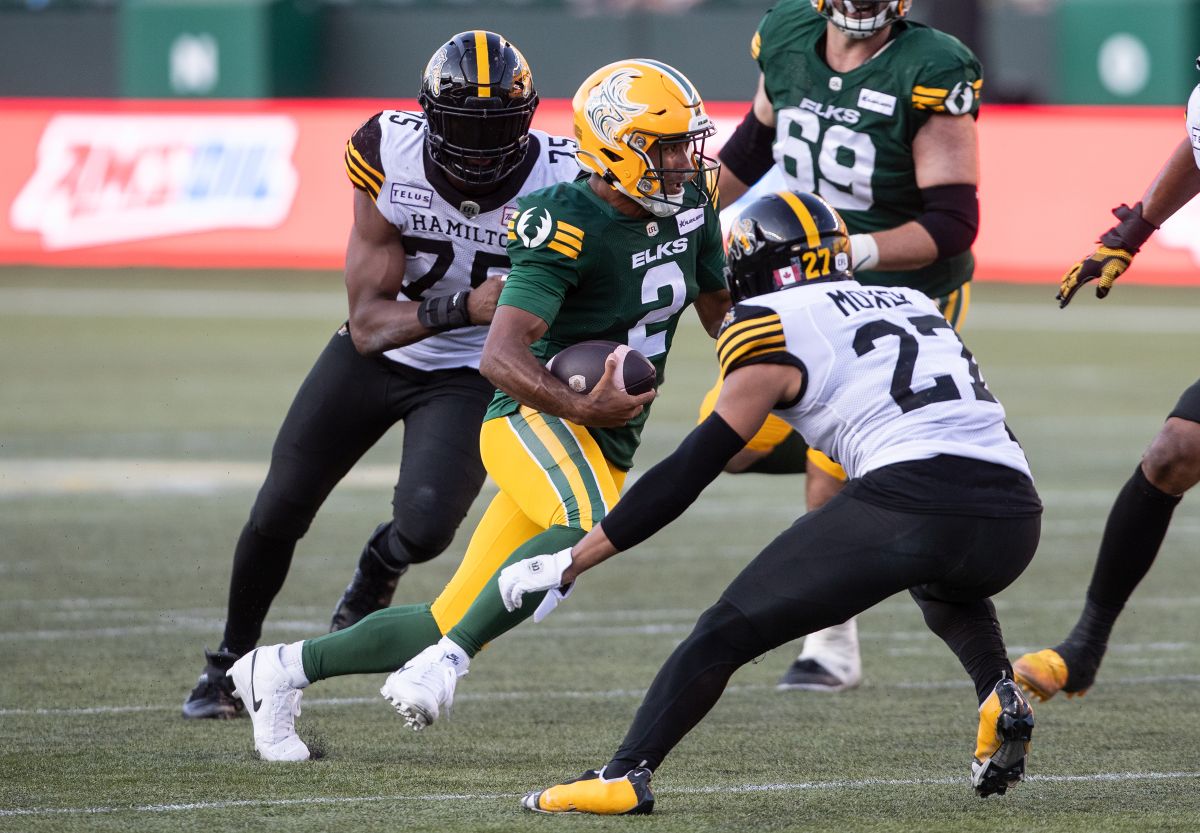 Hamilton Tiger-Cats' Nick Usher (75) and Jonathan Moxey (27) try to stop Edmonton Elks quarterback Tre Ford (2) during second half CFL action in Edmonton, Sunday, July 28, 2024.