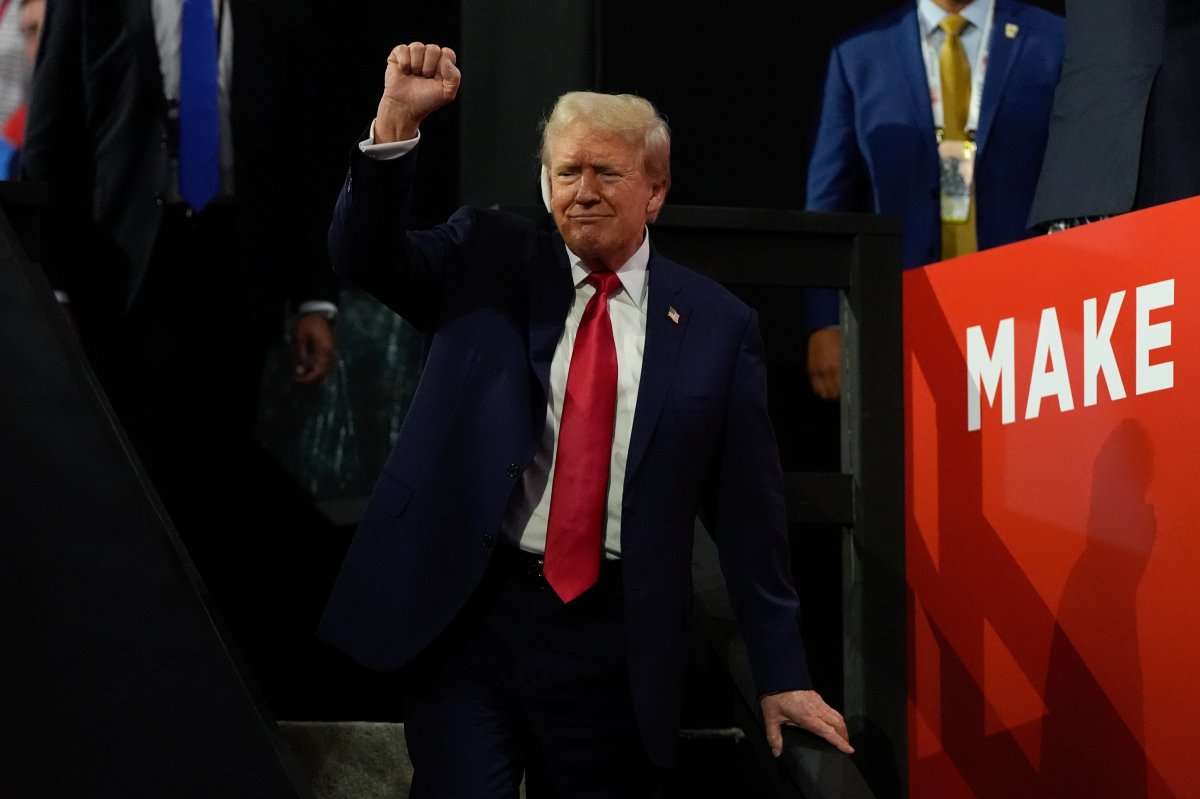 Republican presidential candidate former President Donald Trump appears during the Republican National Convention Monday