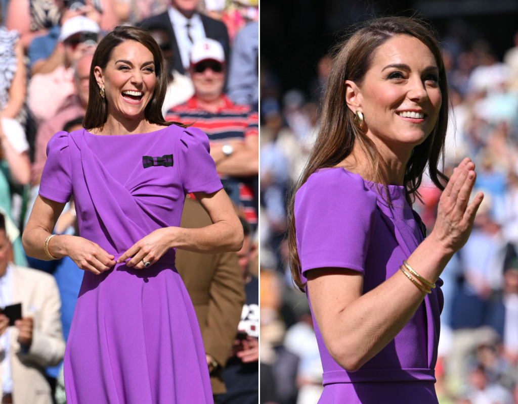 Catherine, Princess of Wales, on court to present the trophy to the winner of the men's final on day fourteen of the Wimbledon Tennis Championships at the All England Lawn Tennis and Croquet Club on July 14, 2024 in London, England.