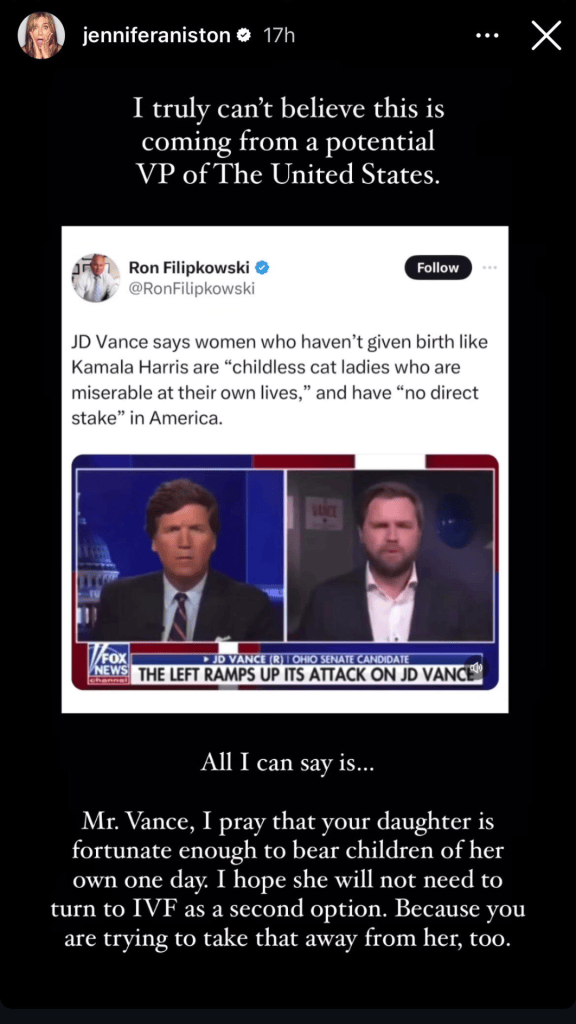 Jennifer Aniston's Instagram story, calling out JD Vance.