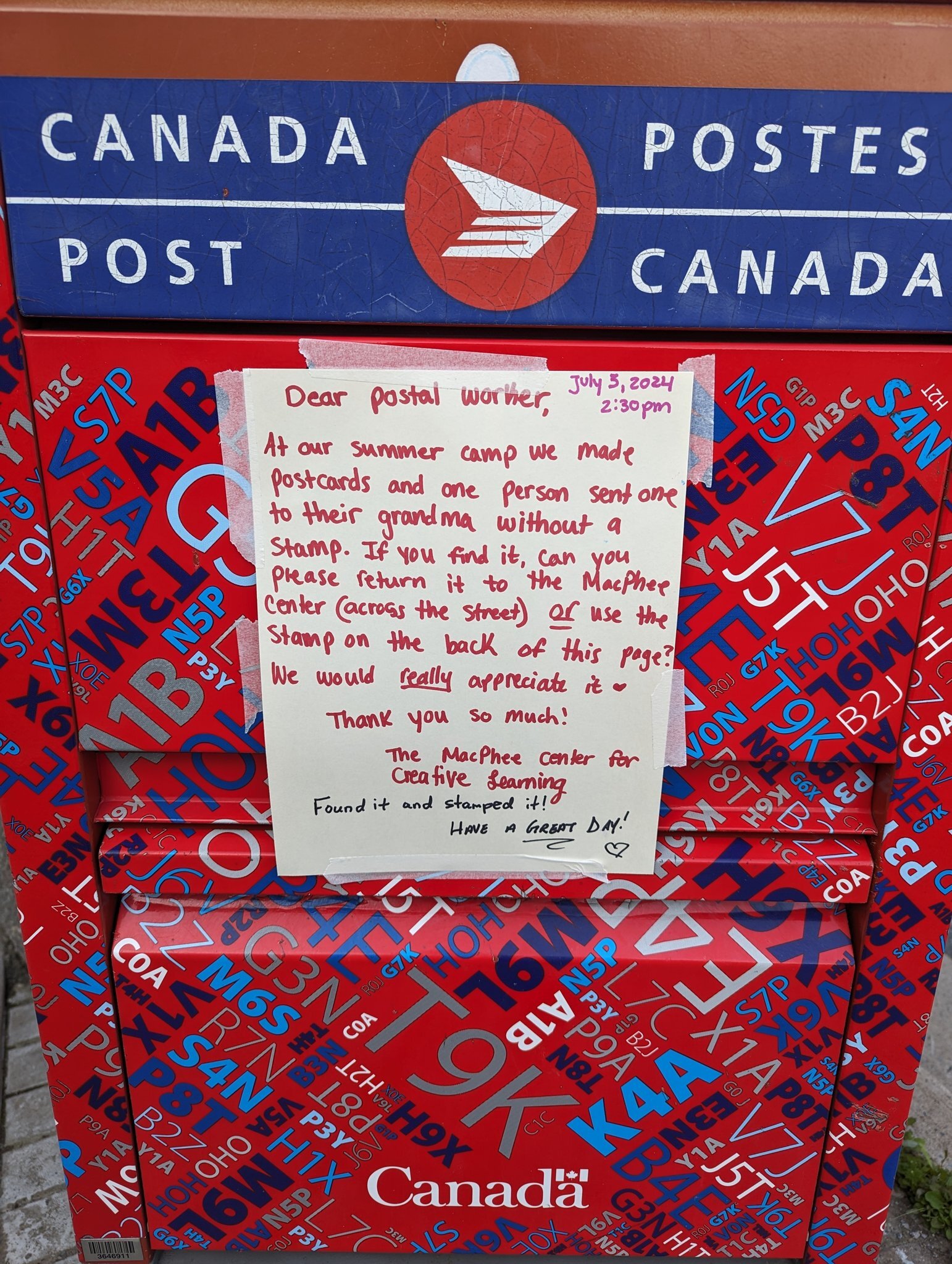 Canada Post worker saves the day after child forgets stamp on postcard to grandma
