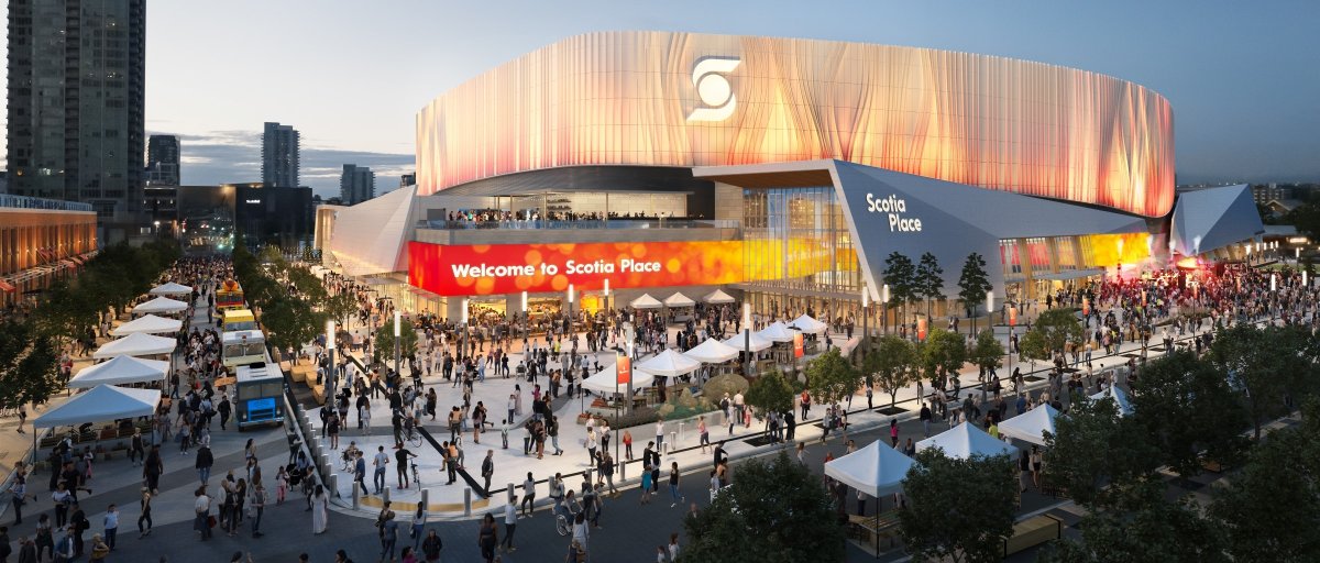 A rendering of the design of the new Calgary Flames arena that will be named Scotia Place.